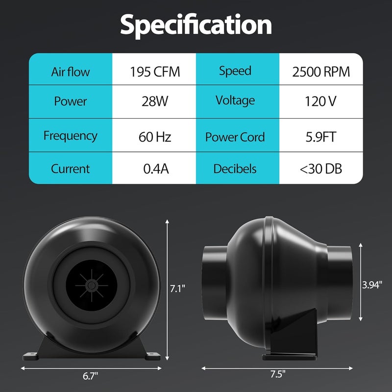 Toolazy 4 Inch 195 CFM Inline Duct Ventilation Fan HVAC Vent Blower with Variable Speed Controller for Hydroponics Grow Tent, Black - Image 3